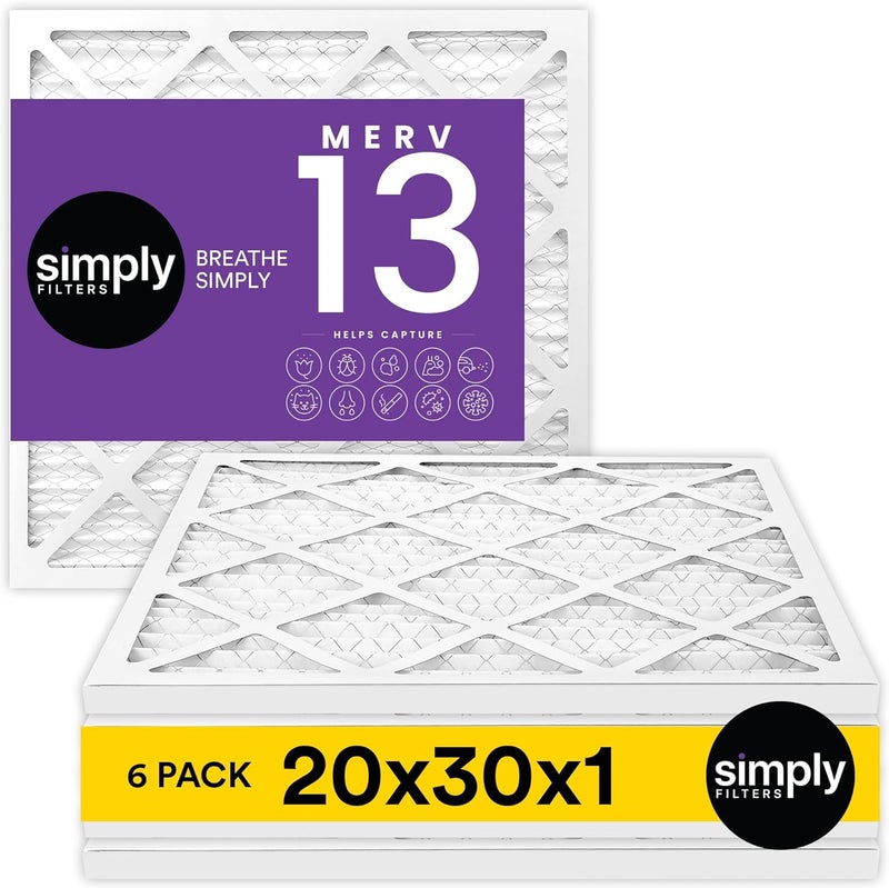 SIMPLY 20x30x1 Air Filter, Merv 13, 6 Pack, For Home AC Furnace & HVAC (Actual Size: 19.75"x29.75"x0.75") DUST, Pet, & Allergy Control - Image 1